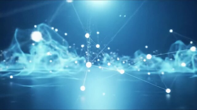 Evolving ethereal digital landscape with pulsating white dots, shimmering lines, and swirling light blue forms on a cerulean gradient via slow dolly-in, abstract technology visualization