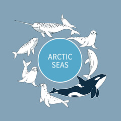 Arctic Sea Animals Circle. Marine Life Illustration. Minimalist Ocean Graphic. Educational Emblem. © khafid