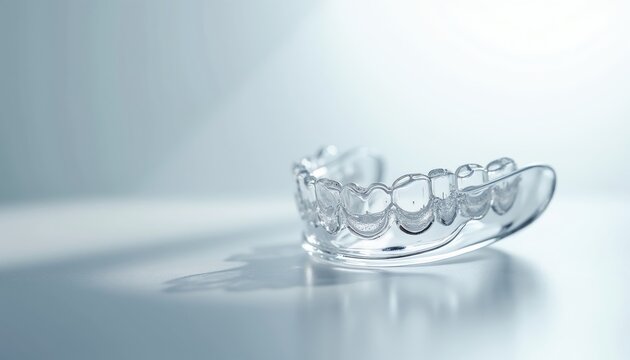 Clear dental aligner rests on white surface. Invisible teeth retainer for orthodontic treatment. Modern aesthetic dental care product for alignment improvement, smile correction. Hygienic appliance.