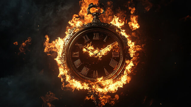 fire burning clock time on dark cloudy sky background, hot