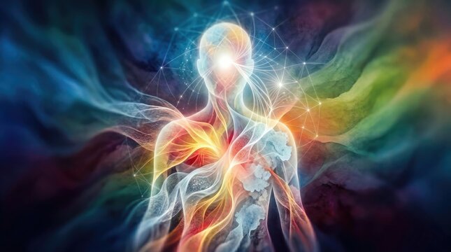 A luminous human figure radiates light and energy, surrounded by vibrant, flowing colors and intricate geometric patterns symbolizing consciousness and spirituality.