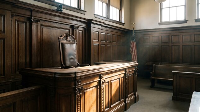 Empty Courtroom Judges Desk Leather Chair Dramatic Cinematic Light Legal Stock Photo
