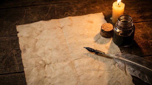 Blank Old Parchment Paper with Feather Quill and Inkwell Antique Historical Stock Photo