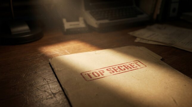 Top Secret Stamped Old File Folder on Wooden Desk Dramatic Spotlight Cinematic Atmosphere Stock Photo