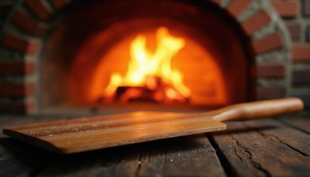Wooden pizza peel rests on rustic table before fiery brick oven. Traditional Italian cooking preparation tool ready for baking delicious food. Warm glow emanates from hearth.