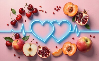 Fototapeta premium Fresh fruits surround glowing heart and heartbeat symbol promoting