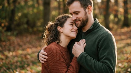 Fototapeta premium A couple shares a warm, affectionate embrace in a forest during autumn, surrounded by fallen leaves and soft natural light.