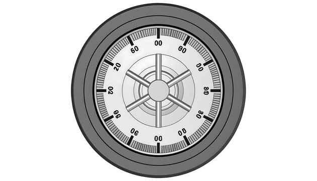 Vector graphic depicting a circular safe dial with concentric circles, numbers, and a central spoked handle. The design suggests security