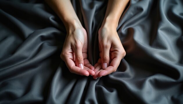 Female hands rest on dark satin sheets in soft morning light. Gentle touch on fabric evokes comfort and intimacy. Elegant mood with natural skin tones and subtle nail polish.