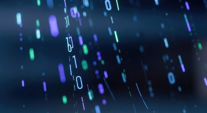 Abstract Digital Binary Code Background with Glowing Blue and Green Lights.