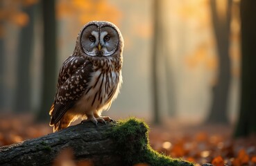 Obraz premium Barred owl sits on mossy log in autumn forest. Sunlight filters through trees, creating soft light. Bird has patterned feathers, alert gaze. Background shows fall leaves and mist.