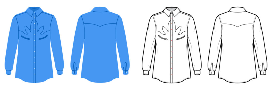 Western shirt with shaped yoke seams, chest pocket details and button closure with long sleeves and structured silhouette. Technical fashion illustration in black and white and color, front and back