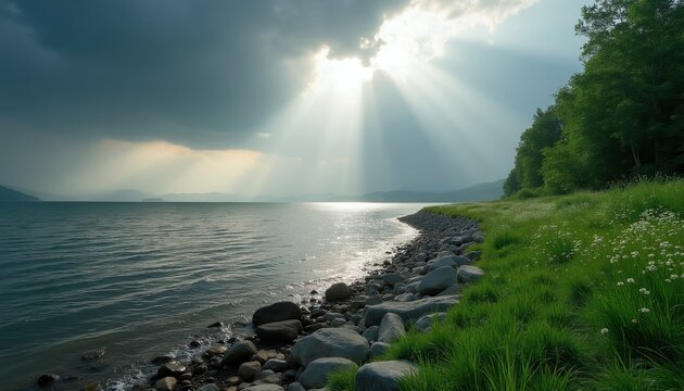 Sun rays break through dark clouds over calm water at rocky shore with green grass. Mountains are distant on horizon under moody sky. Peaceful nature scene.