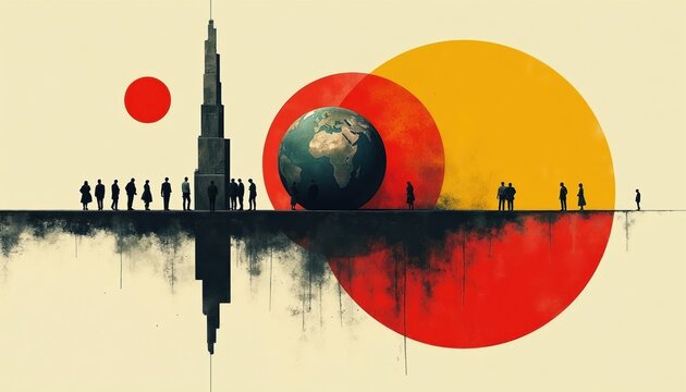 Small human figures stand on a ledge near a tall building and large circles. One group gathers around a planet Earth illustration. Another group observes a large red and yellow circle.