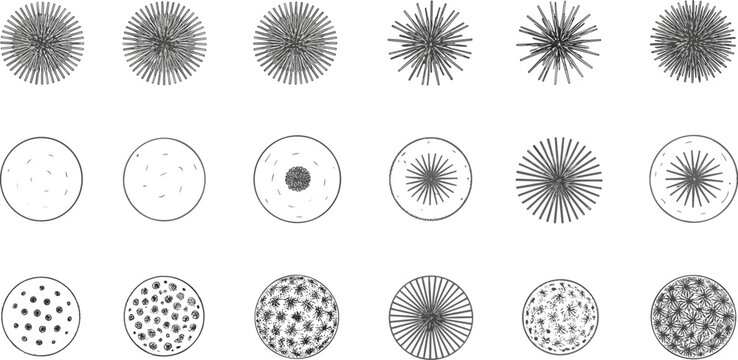 Collection of black and white circular with radiating lines and textured patterns circle abstract