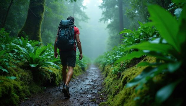 Man with backpack walks on wet forest path. Lush green plants line the trail. Foggy atmosphere hints at rain. Traveler explores dense jungle on foot.