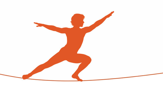 Tightrope walker, balance beam, orange silhouette, acrobat vector, athletic pose