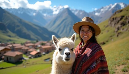 Fototapeta premium Smiling woman in hat wears traditional poncho near fluffy llama against Andes mountain village backdrop. Native female and animal, rural Peru travel scene.