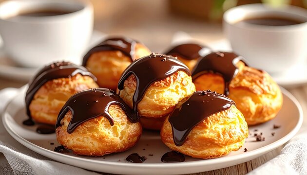 Golden cream puffs drizzled with rich chocolate sauce