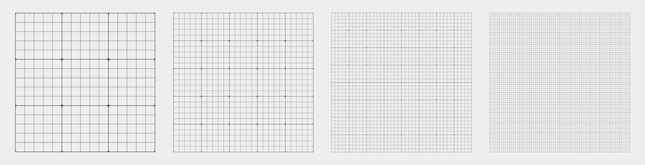 Fototapeta na wymiar Square grid collection millimeter cross guide geometry, four samples blueprint style. Fine lattice structure, interface layouts editorial compositions planning sheets dashboards digital technology.
