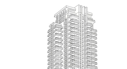 Fototapeta premium Architectural Line Drawing of a Modern Residential Skyscraper with Balconies