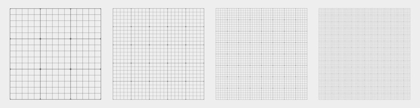 Square grid collection millimeter cross guide geometry, four samples blueprint style. Fine lattice structure, interface layouts editorial compositions planning sheets dashboards digital technology.