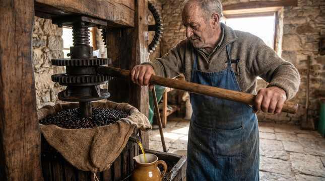 Elderly man pressing grapes using traditional wine press indoors  