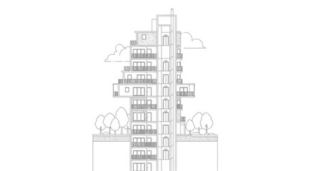 Naklejka premium Modern Minimalist Architectural Line Art Drawing of a Residential Apartment Building Elevation with Balconies and Landscape