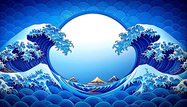Pixel art of crashing ocean waves in a Japanese style, framed by a circular motif, with distant mountains under a bright sky