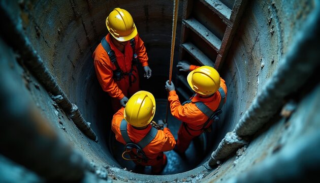 Workers in orange suits and yellow helmets practice confined space rescue. One man ascends ladder, another holds rope, third watches from below. Teamwork ensures safety in hazardous environments.