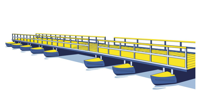 Modern Floating Bridge with Yellow Handrails and Blue Pontoons