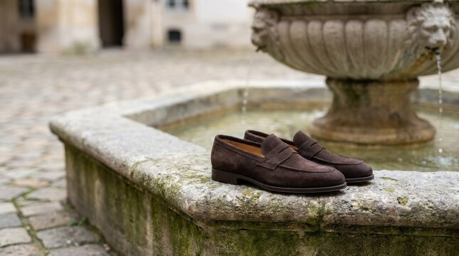Elegant suede loafers on a stone ledge by a fountain, luxury fashion still life, refined footwear detail, outdoor urban sophistication, soft natural light, polished retail stock appeal, soft