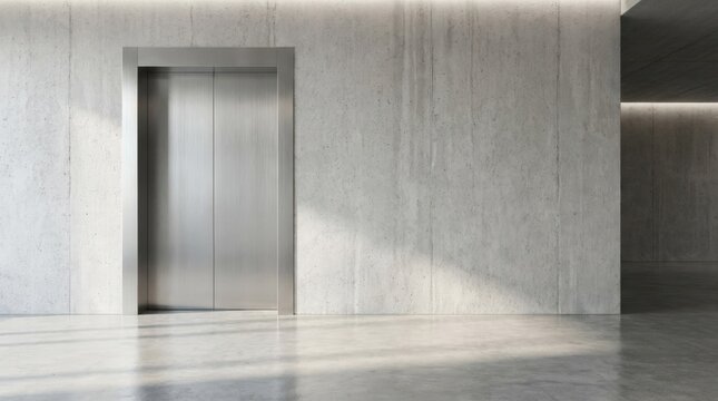 Modern elevator door in a concrete wall, minimalist architecture detail, sleek urban interior, clean composition, subtle shadows, realistic material texture, polished stock appeal, soft atmospheric