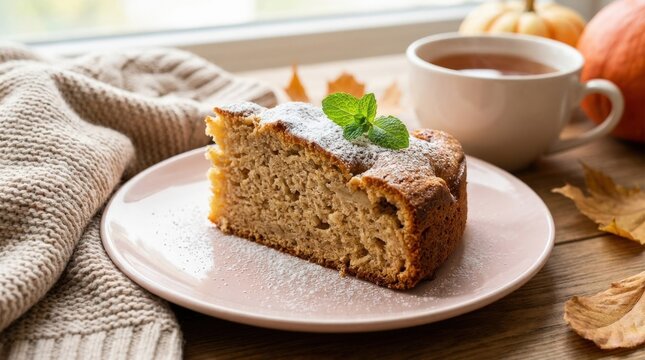 Gluten free apple sponge cake slice on a pink plate in a cozy setting, homemade dessert concept for bakery menus, dietary food promotion and autumn comfort themes, soft textures and warm styling in an