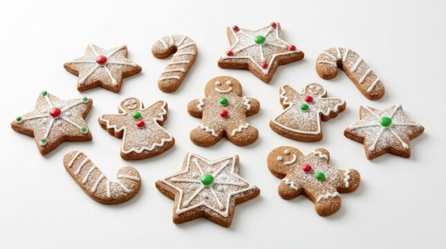 White background with gingerbread stars, people, angels and candy shapes, festive baking concept for Christmas, holiday cards and seasonal food branding, charming cookie arrangement in a clean