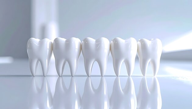 Row of clean white teeth lined up in a soft light, dental health and hygiene concept, pearly white smile, medical care, oral hygiene, tooth whitening