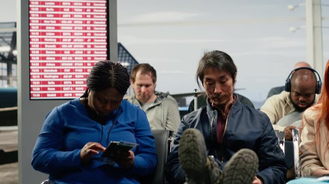 Multiethnic tourists in airport use devices, waiting for plane arrival after flight delay. Passengers pass time with mobile phones during cancelled flights disruption, flying to destination, camera A