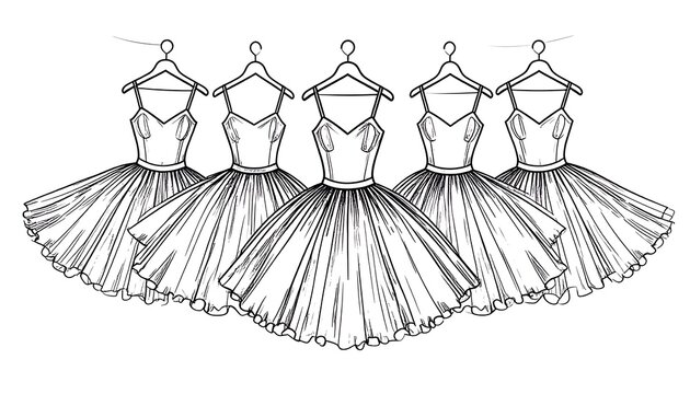 Row of five identical ballet tutus hanging on hangers, detailed line drawing illustration, elegant and graceful performance wear