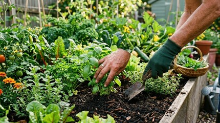 Fototapeta premium Hands tending to plants in a vibrant vegetable and herb garden, organic growing scene for sustainability, wellness, fresh food and home gardening themes, lush greenery, natural light, realistic detail