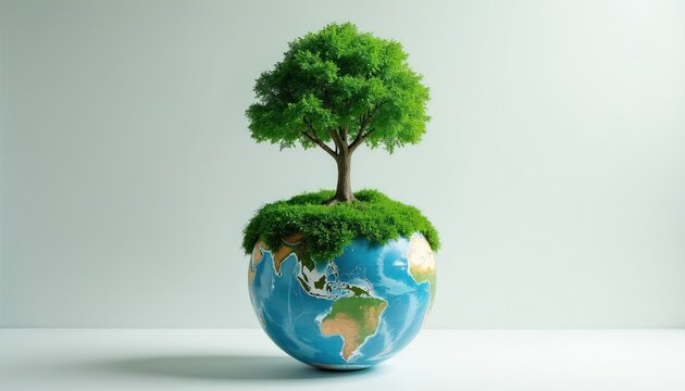 Tree grows on green mossy globe. Earth covered in vegetation symbolizes nature and eco future. Planet grows, healthy environment, growth concept.