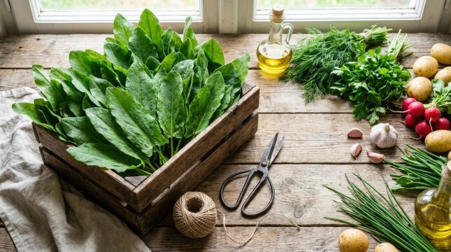 Raw sorrel leaves in rustic crate with kitchen scissors and twine, fresh herbs and clean eating ingredients in countryside kitchen still life, top view flat lay with natural textures, natural light,