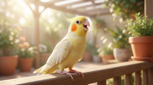 Vibrant cockatiel singing joyfully on a sunny patio, soft natural light, realistic detail, balanced composition, premium commercial stock aesthetic, crisp texture, soft atmospheric depth, no logos,