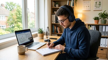 Fototapeta premium Young man studying at a desk with headphones in a bright room, focused education and remote learning lifestyle scene, student productivity, concentration and technology concept, notebook and laptop