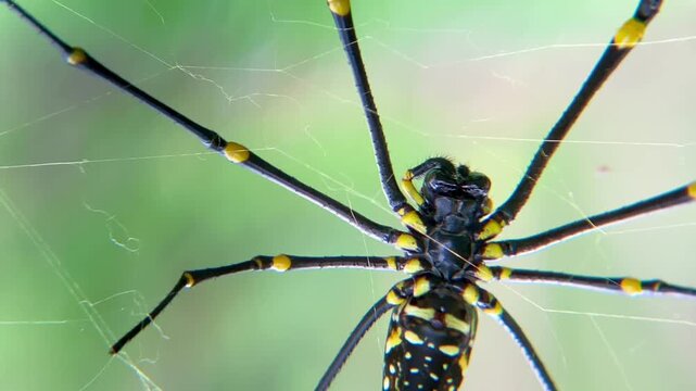 Giant Golden Orb Weaver Spider Nephila Pilipes Grooming its Chelicerae Using Pedipalps on a Web in a Green Forest Environment, Ventral View Macro Close-up
