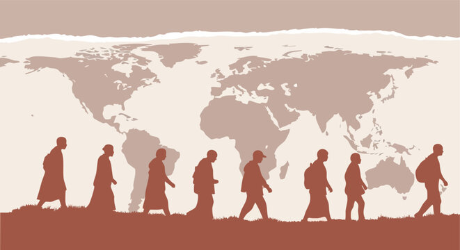 People Walking Silhouette. Global Migration Concept. World Map Background. Minimalist Illustration.