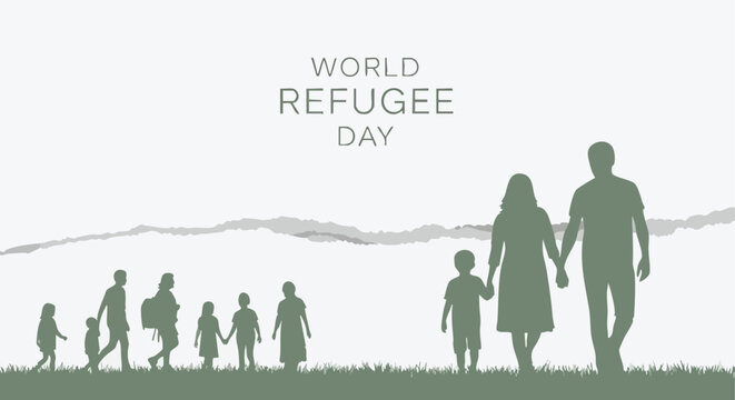 World Refugee Day, Silhouette Illustration. Family Migration Concept. Minimalist Graphic Design.