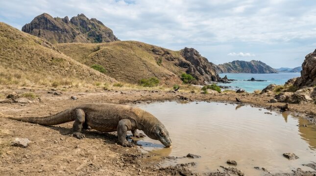 Komodo dragon at a waterhole on Padar Island at Komodo National Park, compelling wildlife scene with natural behavior and arid habitat, strong commercial value for nature documentary, travel and