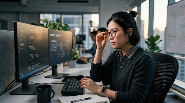 Focused Asian female software developer adjusting eyeglasses while thinking at computer in office. Professional programmer working on secure systems, coding, and advanced information technology,