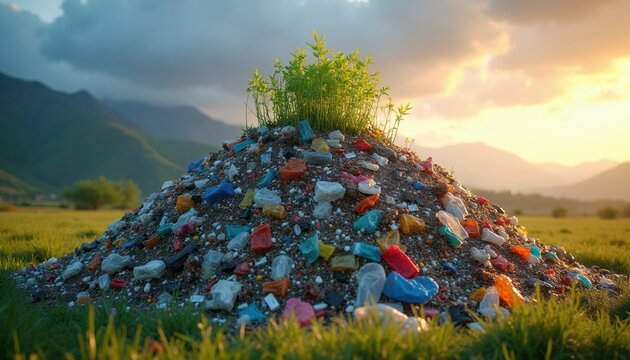 Pile of colorful plastic rubbish on grassy field. Mountains and sunset sky in background. Green plants sprout from waste heap. Environmental pollution and nature.