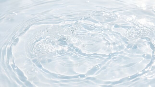 White blue clear water surface texture with ripples, splashes and bubbles. Abstract summer banner background Water waves in sunlight with copy space Cosmetic moisturizer micellar toner emulsion,